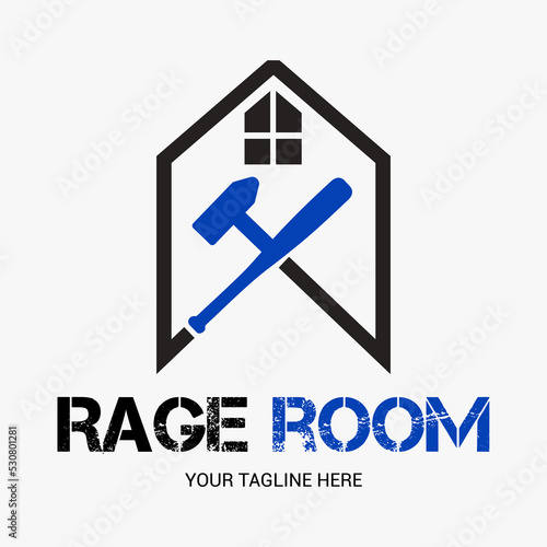 Concept of Rage room, smash stuff logo. Destruction house vector emblem.