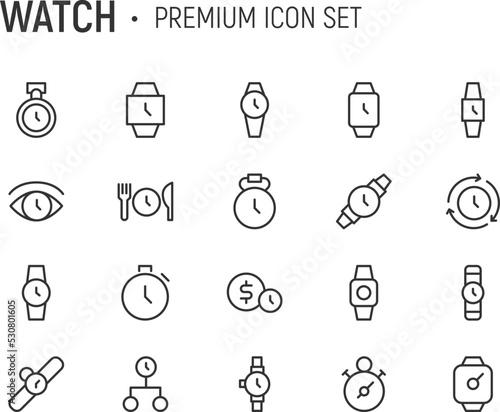 Editable vector pack of watch line icons.