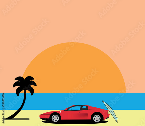 supercar with surfboard on the beach with sunset