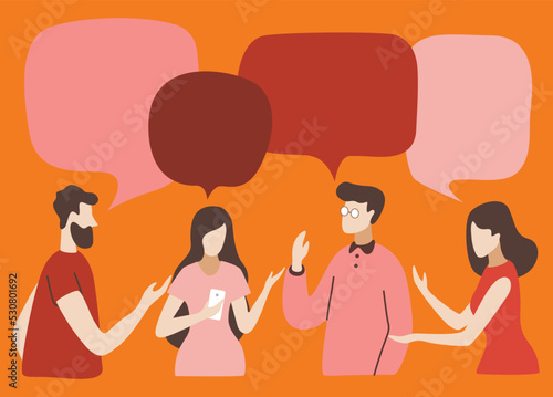 Vector illustration, social networks, flat style, news, chat, businessmen discuss social network dialogue speech bubbles