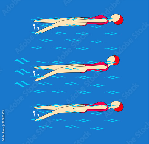 Swim on your back while crawling your legs, tilt your head forward so that you can see the surface of the water above your body. Swimming pool instruction.