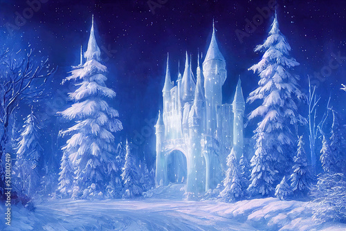 Magic Ice Castle with snow. Digital art. 