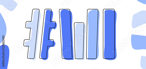 WI Hashtag. Isolate curves doodle letters. Blue colors. Hashtag #WI is abbreviation for the US American state Wisconsin for social network, web resources, mobile apps.
