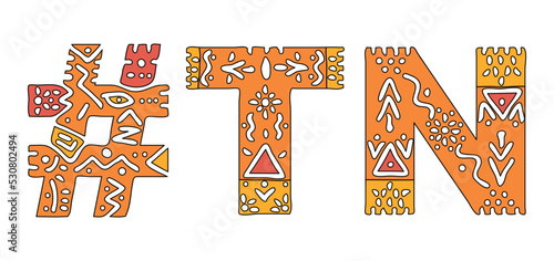 TN Hashtag. Isolated text with national ethnic ornament. Patterned Hashtag #TN is abbreviation for the US American state Tennessee for print, clothing, t-shirt, poster, banner, flyer.