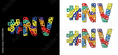 Hashtag #NV set. Multicolor bright funny cartoon colorful doodle bubble isolated text. Rainbow colors. Hashtag #NV is abbreviation for the US American state Nevada for print, social network.