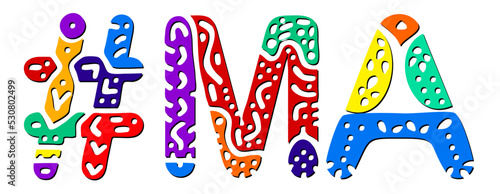 MA Hashtag. Multicolored bright isolate curves doodle letters. Hashtag #MA is abbreviation for the US American state Massachusetts for social network, web resources, mobile apps.