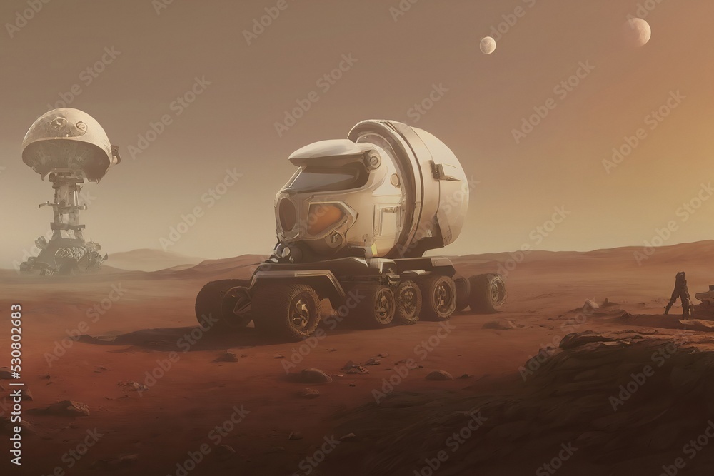 Martian research and exploration truck with communication tower in the background, mars surface, midle of the desert Illustration 3d