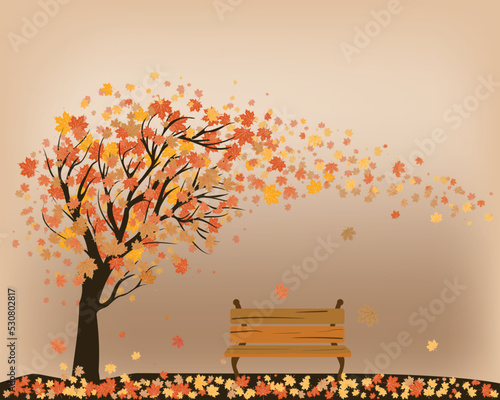 Autumn landscape a tree with bench under the tree and colorful autumn leaves. Vector Background.