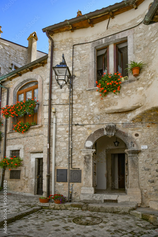 The facade of an old house in Barrea, a medieval village in the Abruzzo region of Italy.
