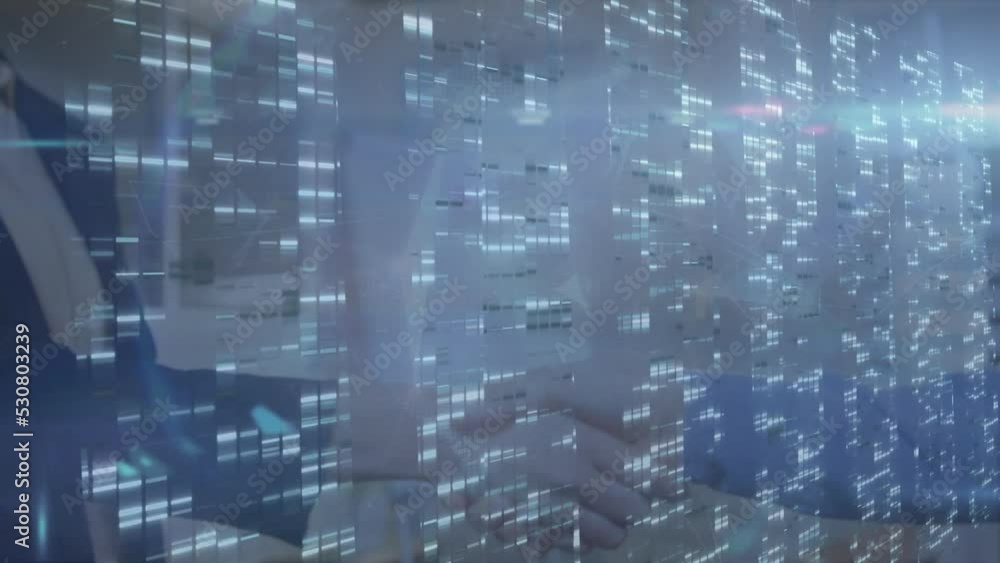 Animation of light spots over caucasian business people shaking hands in office Animation of light spots over caucasian business people shaking hands in office
