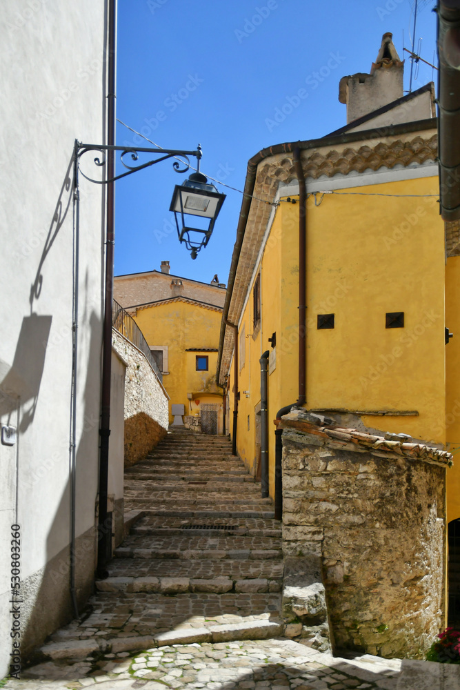 Fototapeta premium A narrow street between the old stone houses of Barrea, a medieval village in the Abruzzo region of Italy.