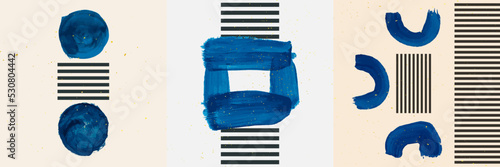 Vector illustration. Abstract contemporary aesthetic backgrounds. Design elements for social media post, app banner, web advertisement. Room wall decor. Blue watercolor paints with geometric lines