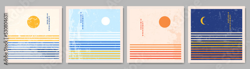 Vector illustration. Bauhaus. Mid century modern graphic. 70s retro funky graphic. Grunge texture. Minimalist landscape set. Abstract shapes. Design elements for social media post, web advertisement