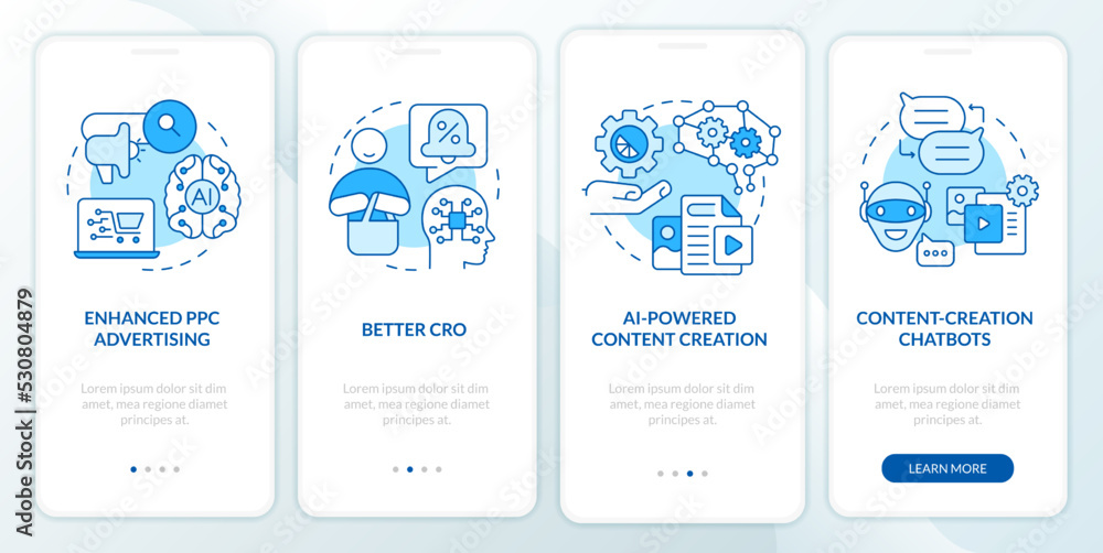 AI algorithm in marketing blue onboarding mobile app screen. Promotion walkthrough 4 steps editable graphic instructions with linear concepts. UI, UX, GUI template. Myriad Pro-Bold, Regular fonts used