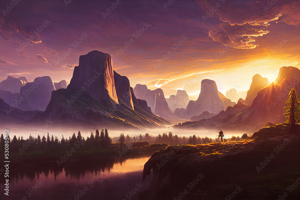 River Mountains Sunrise Vast Landscape digital art background with selective focus and blur