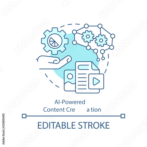 AI powered content creation turquoise concept icon. Technology in marketing abstract idea thin line illustration. Isolated outline drawing. Editable stroke. Arial, Myriad Pro-Bold fonts used
