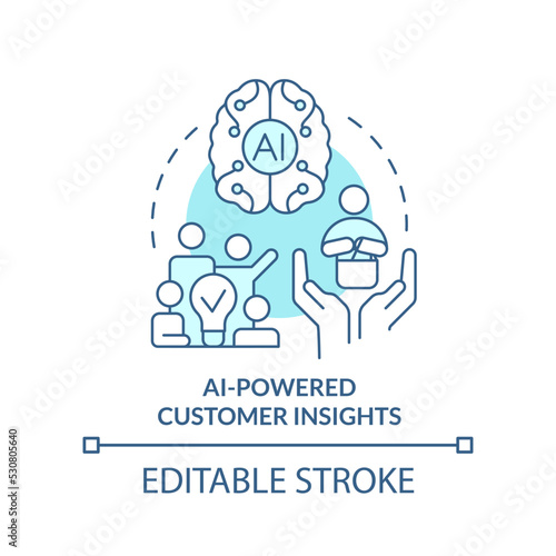 AI powered customer insights turquoise concept icon. Technology in marketing abstract idea thin line illustration. Isolated outline drawing. Editable stroke. Arial, Myriad Pro-Bold fonts used