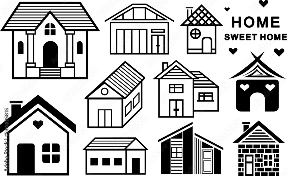 Houses set, collection of black, flat, outline houses, line art illustrations, isolated on white background.