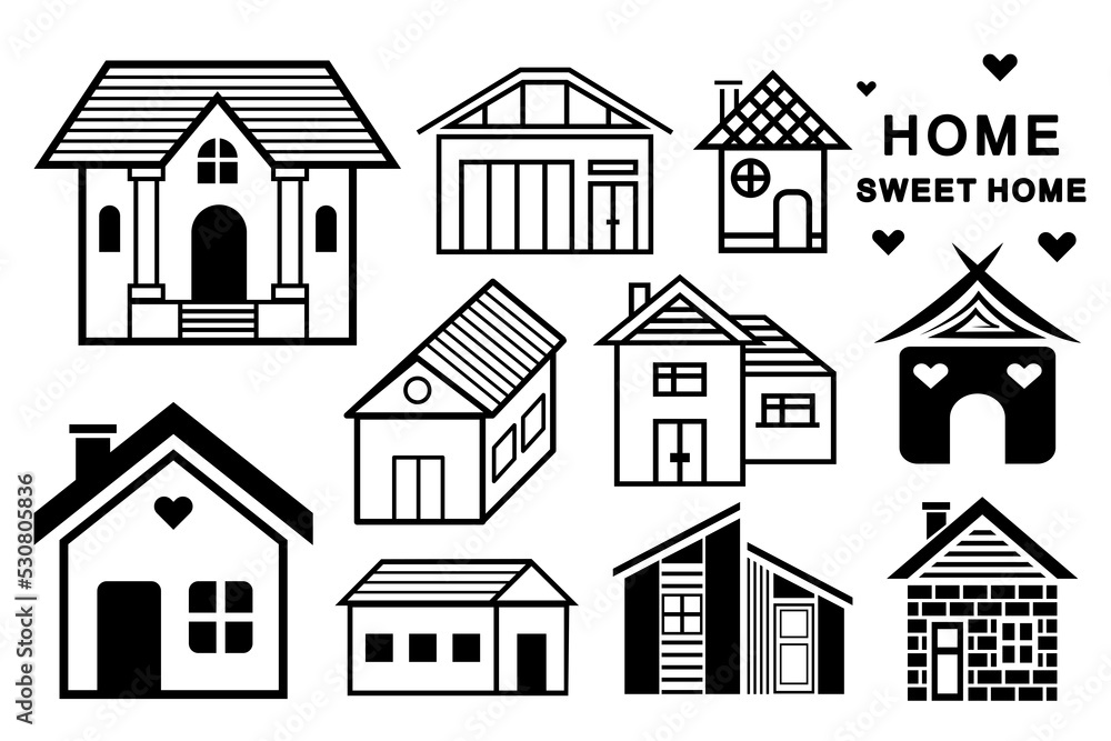 Houses set, collection of black, flat, outline houses, line art illustrations, isolated on white background.