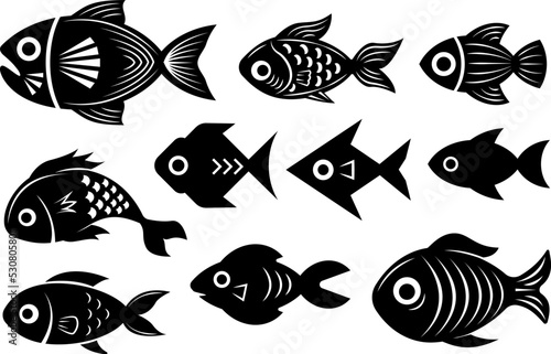 Black and white fish illustrations, collection of different fishes, abstract stylized underwater creatures isolated on white background.
