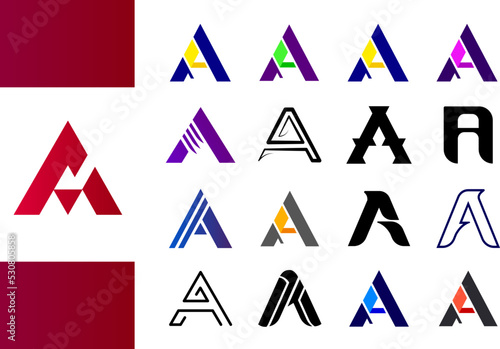 Letter A logo set in different style. A alphabet character, Capital letter collection. 