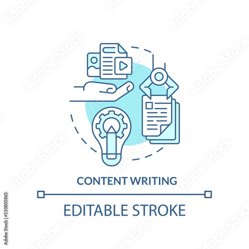 Content writing turquoise concept icon. Natural language processing. AI in marketing abstract idea thin line illustration. Isolated outline drawing. Editable stroke. Arial, Myriad Pro-Bold fonts used