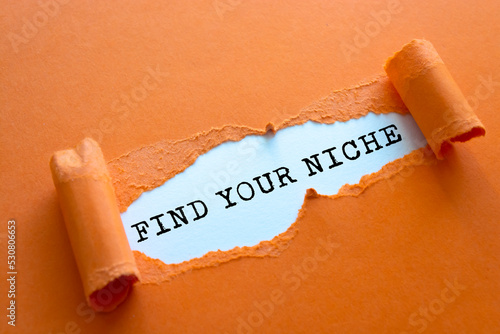 Torn white paper revealing the word Find your niche photo