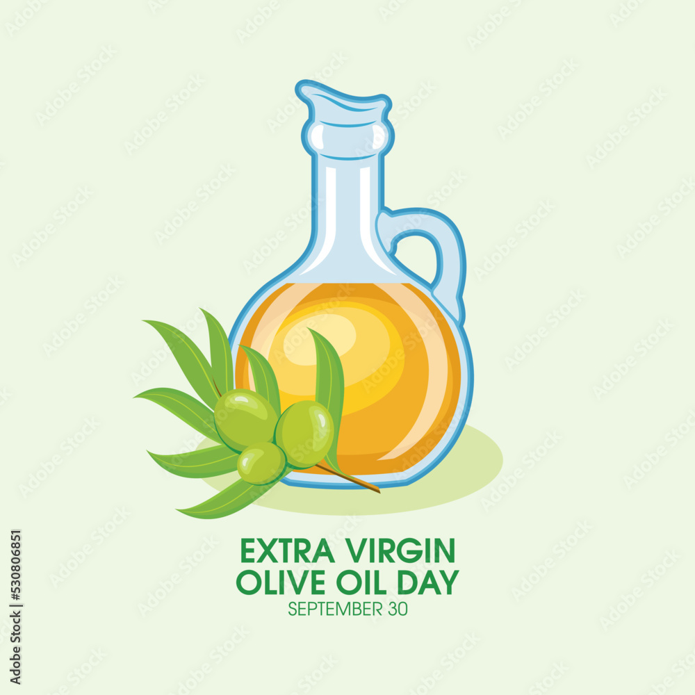 Extra Virgin Olive Oil Day vector. Glass bottle with olive oil and green fresh olives fruit icon vector. September 30. Important day Extra Virgin Olive Oil Day vector. Glass bottle with olive oil and green fresh olives fruit icon vector. September 30. Important day