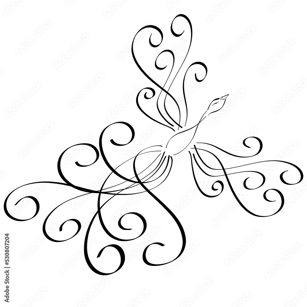 flying bird from curls, lovely phoenix, abstract black pattern on a white background flying bird from curls, lovely phoenix, abstract black pattern on a white background