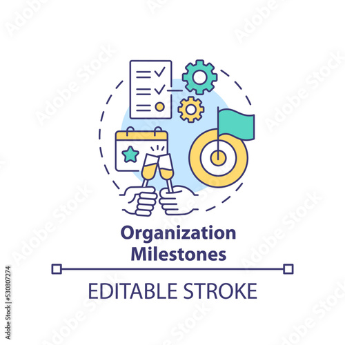 Organization milestones concept icon. Company anniversary. Type of corporate events abstract idea thin line illustration. Isolated outline drawing. Editable stroke. Arial, Myriad Pro-Bold fonts used