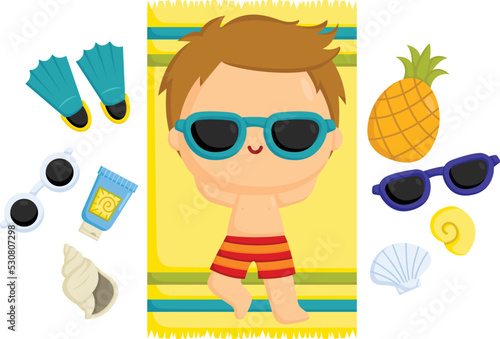a vector of a boy sunbathing with many items beside him