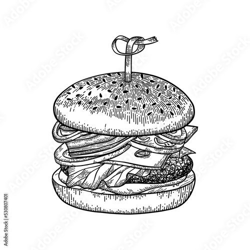 Burger monochrome vector illustration in vintage sketched style.