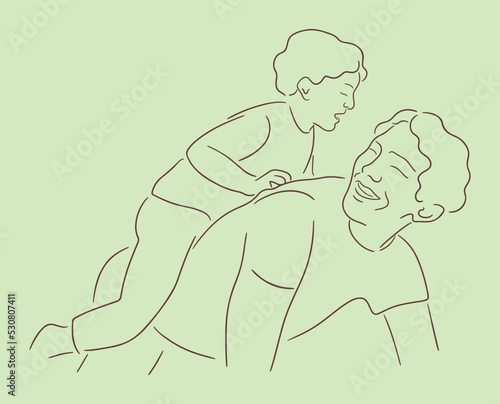 Vector sketch illustration of happy dad riding child on his back. Parent plays with son. Fatherhood concept