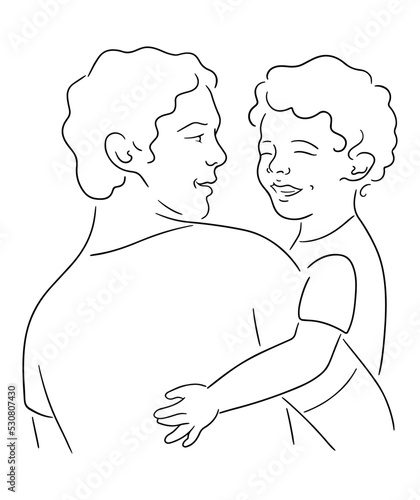 Vector sketch illustration of smiling dad holds his little son. Parent and child, happy fatherhood concept