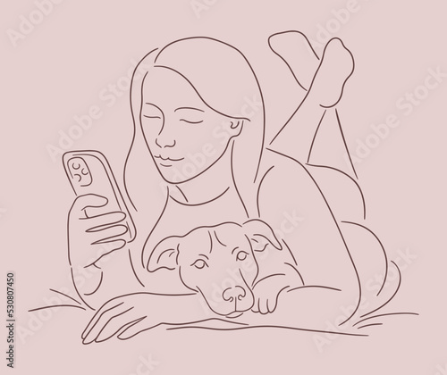 Person laying on the bed, cuddling dog and watching videos on smartphone. Contour sketch of woman doomscrolling social media and cuddle with puppy. Chill at home with pets, introvert party
