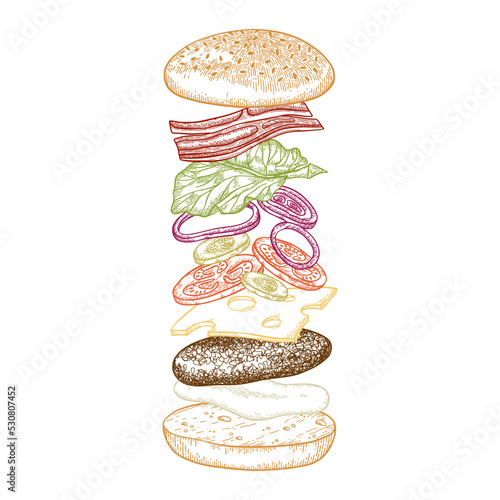 Burger with flying ingredients in color. Vector illustration in vintage sketched style.