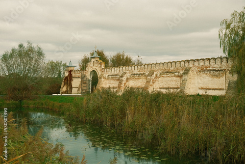 Wallpaper Mural Ancient Cossack fortress. Brick walls, gates, a moat and a bridge leading to the fortress. Around the river with reeds, and brick walls for defending. Torontodigital.ca