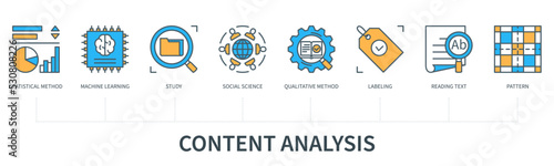 Content analysis concept with icons in minimal flat line style