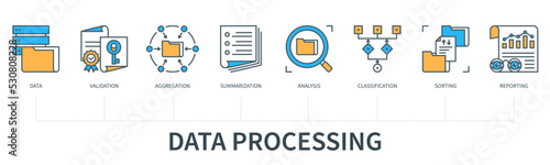 Data processing concept with icons in minimal flat line style