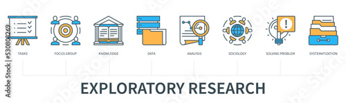 Exploratory research concept with icons in minimal flat line style