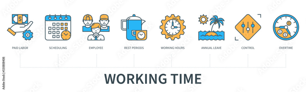 Working time concept with icons in minimal flat line style Working time concept with icons in minimal flat line style