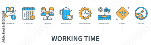 Working time concept with icons in minimal flat line style
