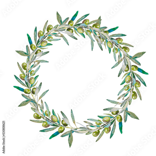 hand painted watercolor olive wreath  isolated on white background.