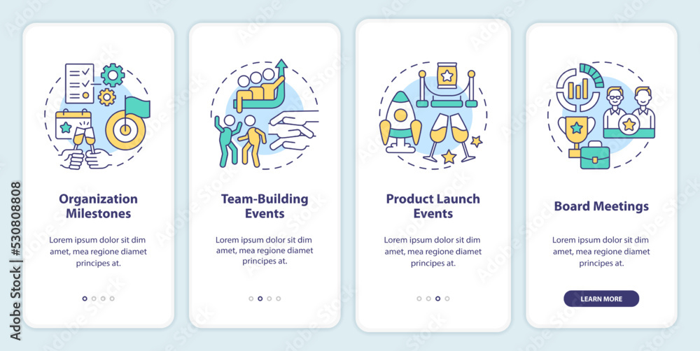 Naklejka premium Corporate events examples onboarding mobile app screen. Company walkthrough 4 steps editable graphic instructions with linear concepts. UI, UX, GUI template. Myriad Pro-Bold, Regular fonts used