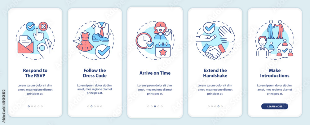 Common business event etiquette rules onboarding mobile app screen. Walkthrough 5 steps editable graphic instructions with linear concepts. UI, UX, GUI template. Myriad Pro-Bold, Regular fonts used