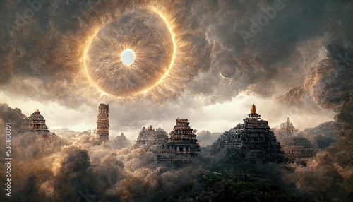 Raster illustration of Tall Chinese temples surrounded by gray clouds. Sun, magic portal, golden glow, teleportation to a parallel universe. Asian culture concept. 3D rendering illustration