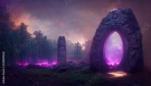 Raster illustration of magic stone portal in a clearing in the forest. Purple light, statues, teleportation to a parallel world, abstract patterns, witchcraft. Fiction concept. 3D artwork background