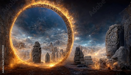 Illustration of magical stone portal on fire, surrounded by ancient statues. Monuments of culture, architecture of ancient civilizations, altar, idol, idolatry, parallel world. 3D artwork background