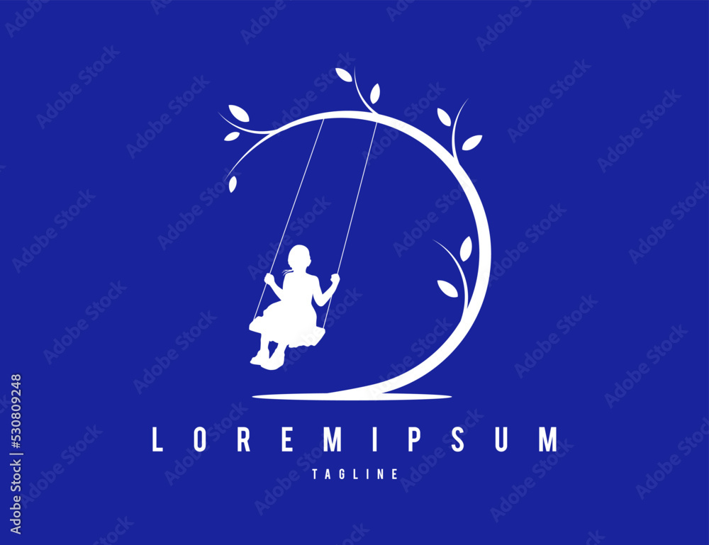 Vector logo on which. beautiful tree under which a girl on a swing against the background of stars and the moon