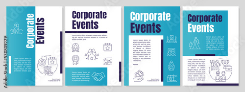 Corporate events blue brochure template. Business meeting. Leaflet design with linear icons. Editable 4 vector layouts for presentation, annual reports. Anton, Lato-Regular fonts used